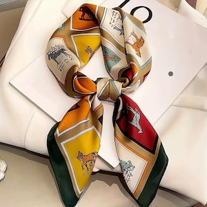Equestrian Horse Print Scarf: Retro Silk Satin Style Headscarf