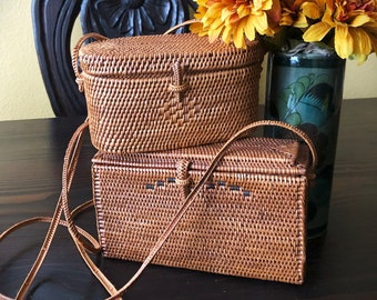 Vintage Rattan Bags/2 Rattan Box Bags/Small Rattan Bags/Bali Indonesian Hand Crafted Bags/Natural Fiber Shoulder Bags/Bohemian/Free US Ship