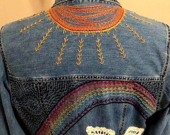 Vintage 80's Guess Jeans Denim Hand Embroidered Blouse, Rainbow/Sun/Butterfly Hand Embroidered Wearable Art/Bohemian/Hippie, Free US Ship