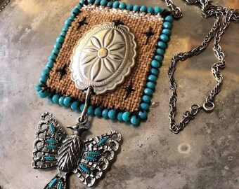 Southwestern Necklace/Concha and Eagle Necklace/Textile Necklace/Recycled Materials/Burlap/Hand Embroidered/Rustic Jewelry/Free US Ship