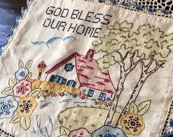 Antique 1940's Hand Embroidered/Painted Pillow Cover/God Bless Our Home Pillowcase/Retro Home Decor/Antique Decorative Pillow/Retro