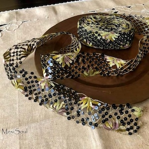 Vintage Designer Trim/Elegant Black Sequence/Ribbon/Gold Trim/5 Yds Designer Trim/Dress Designer Trim/Hat Trim/Sewing