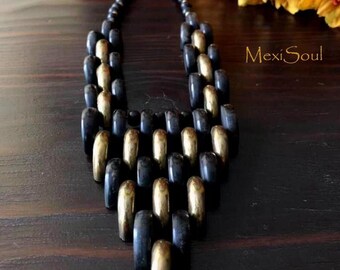 Vintage 1980's Chunky Bib Necklace/Statement Necklace/Brass/Wood/Boho/Tribal/Gypsy/Ethnic/Free US Ship