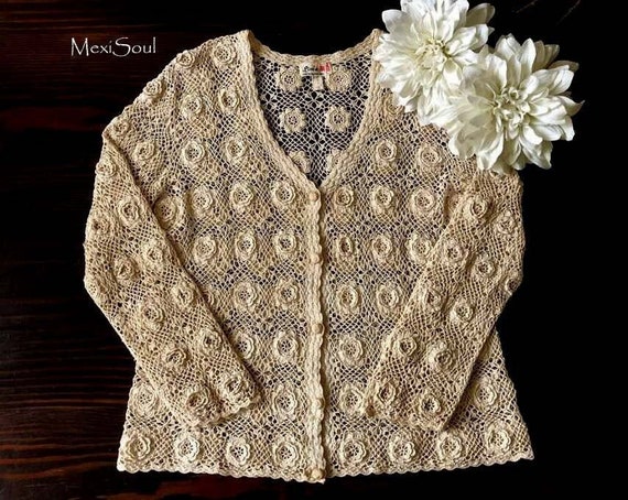 Vintage 1960's Crochet Sweater, Tea Dyed Vintage C