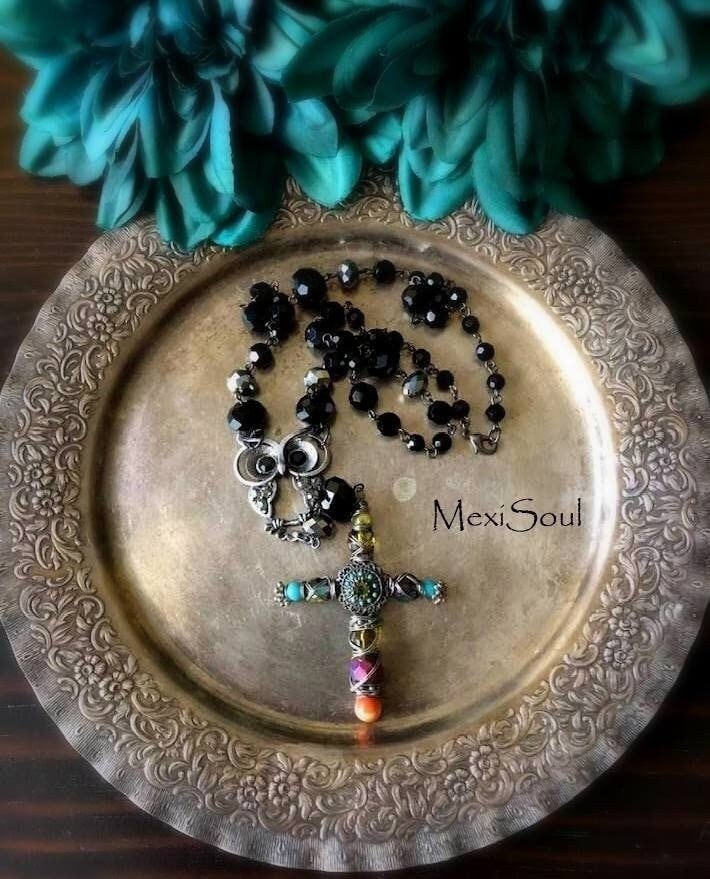 Owl/Cross Necklace/Assemblage Necklace/Owl Jewelry/Black Glass Beads/Wear 2 Way necklace/Bohemian/Re