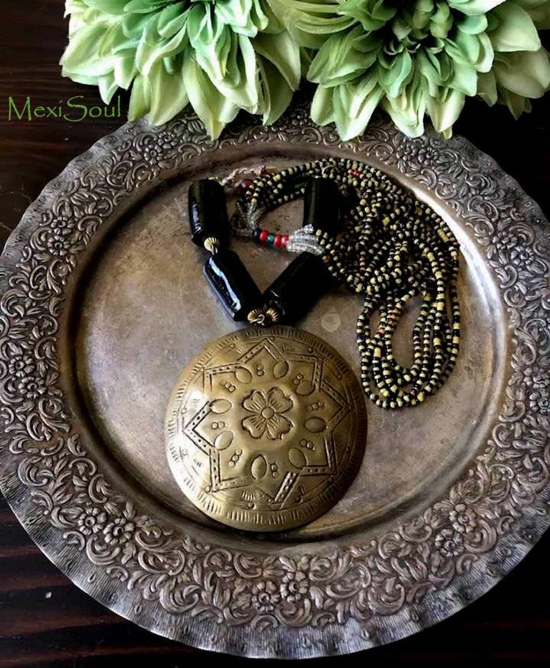 Large Engraved Brass Pendant Assemblage, Vintage Assemblage Necklace, Ethnic Assemblage Jewelry, Bohemian/Gypsy/Tribal/HippieFree US Ship image 7