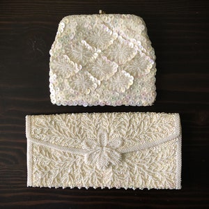 Vintage 1960&#39;s White Beaded/Sequence Handbags/Hong Kong Beaded Bags/White Beaded Clutch/Top Handle/Bridal Bags/Retro/MidCentury/Free US Ship