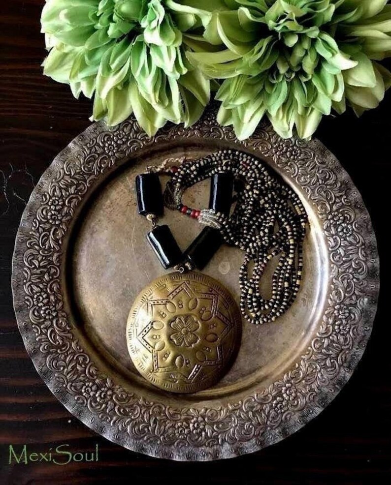 Large Engraved Brass Pendant Assemblage, Vintage Assemblage Necklace, Ethnic Assemblage Jewelry, Bohemian/Gypsy/Tribal/HippieFree US Ship image 1