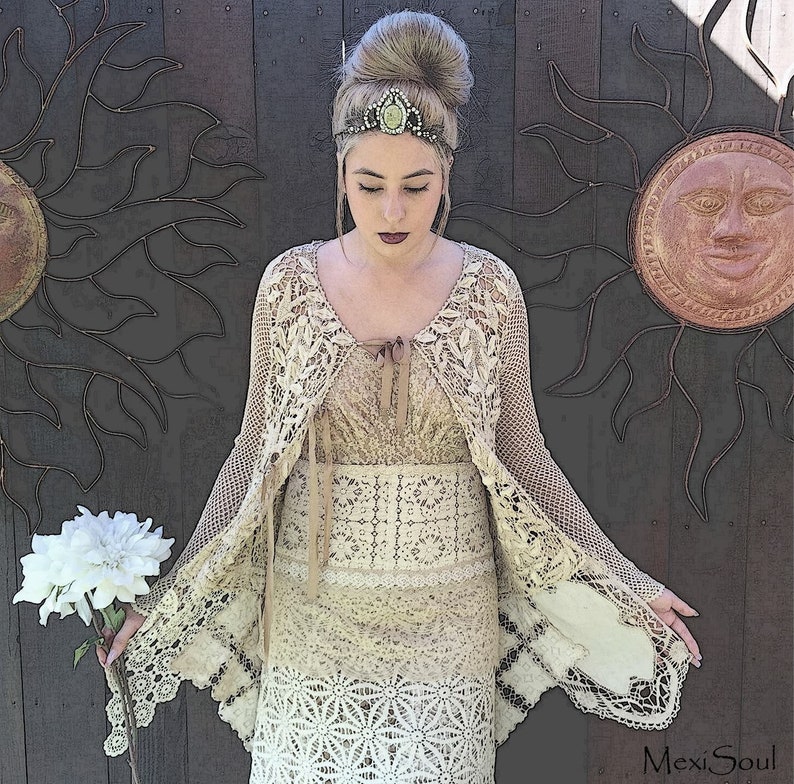 Bohemian Chic Sweater Free US Ship OOAK Design Alternative Bridal Wear Designer Sweater Tea Dyed Bridal Duster