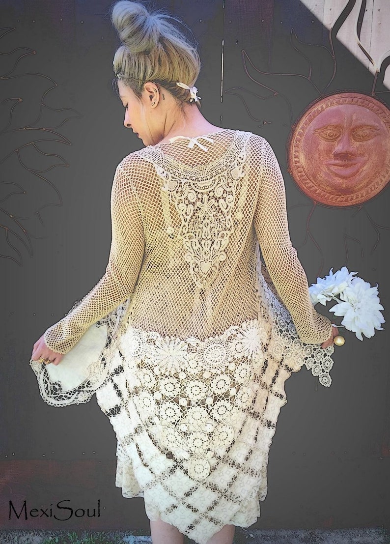 Bohemian Chic Sweater Free US Ship OOAK Design Alternative Bridal Wear Designer Sweater Tea Dyed Bridal Duster
