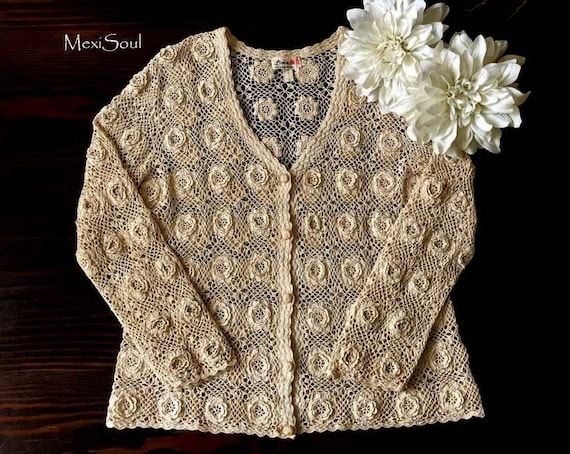 Vintage 1960's Crochet Sweater, Tea Dyed Vintage C