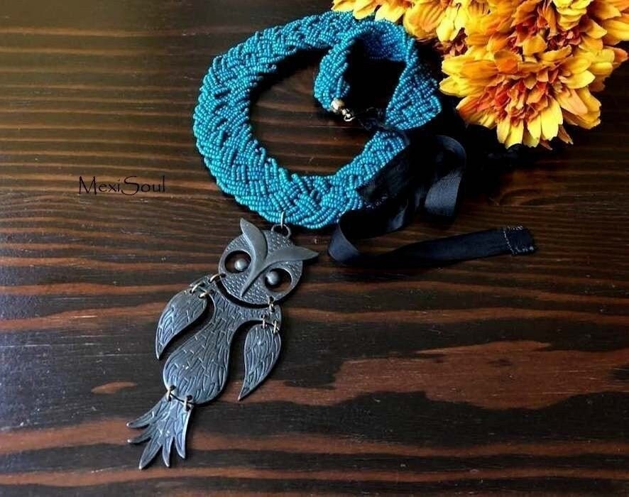 Large Owl Statement Pendant Necklace: Recycled Turquoise & Metal, Bohemian Jewelry