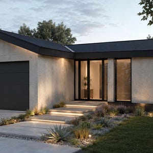 Op de afbeelding: Een gelijkvloerse woning met lichtgekleurde stucwerkmuren, een donkergrijs zadeldak en een bijpassende donkergrijze garagedeur. De entree heeft een glazen deur en een betonnen looppad met geïntegreerde verlichting, omringd door woestijnbeplanting.