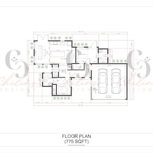 Op de afbeelding: Architectonische plattegrond van een huis met garage, twee auto's en gedetailleerde kamerindelingen. Het plan bevat afmetingen en is gelabeld "Floor Plan (775 SQFT)". Het ontwerp staat op een witte achtergrond met een logo.
