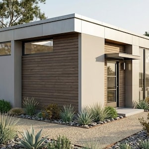 May include: Modern, minimalist building with a flat roof, featuring a combination of light gray and wood siding. Large windows and a glass door provide ample natural light. Landscaping includes gravel pathways and drought-tolerant plants.