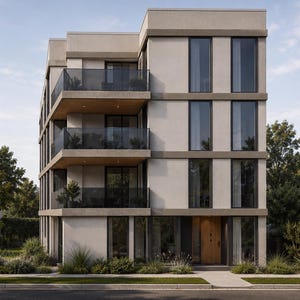 Op de afbeelding: Een modern appartementencomplex met een lichtbeige buitenkant. Het gebouw heeft grote, donkeromrande ramen, balkons met glazen balustrades en een houten voordeur. De omgeving omvat bomen en struiken.