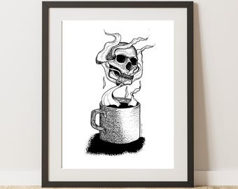 Skull Coffee Art Print, Gothic Halloween Home Decor, AW Original Drawing Print