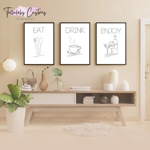 Eat Drink Enjoy Wall Art – A4 Kitchen Print Set – Minimalist Black and White Typography Decor