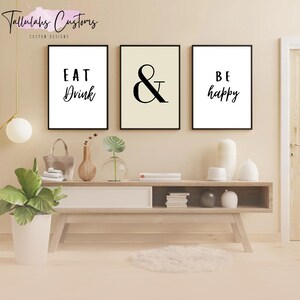 Minimalist A4 Wall Art – Eat Drink Be Happy Print Set – Set of 3 Modern Typography Quotes