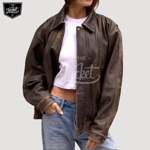 Veste en cuir surdimensionnée marron effet vieilli femme des années 90 veste femme marron veste motard femme en cuir veste en cuir femme cadeau pour elle