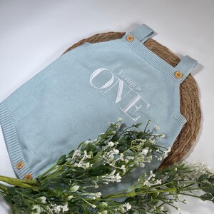 May include: A light blue knitted romper with the text "Lenny's ONE" in white. The romper has wooden buttons on the straps and sides. The romper is displayed on a woven mat with a sprig of white flowers.