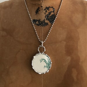 Broken China Jewelry Necklace Green/White Transferware, Broken China Pendant, Green and White China Pendant. Gift for Her, Birthday Gift.
