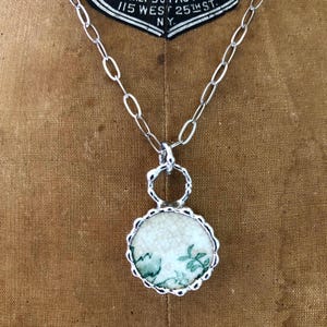 Broken China Jewelry Necklace Green/White English Transferware,Heart Broken China Pendant, China Pendant. Gift for Her, Birthday Gift.