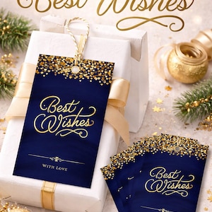 May include: Navy blue gift tags with gold lettering that reads "Best Wishes" and "With Love". The tags are adorned with gold glitter and are attached to a wrapped gift with a gold ribbon. The words "Luxury Gift Tags" are at the top.