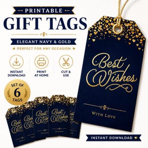 Puede incluir: Etiquetas de regalo azul marino con detalles dorados. Las etiquetas presentan las palabras "Best Wishes" en una elegante escritura y están adornadas con confeti dorado en forma de corazón. Las etiquetas están etiquetadas como "Printable Gift Tags" e "Instant Download".