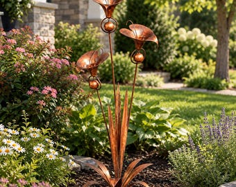 Piquet de jardin en forme de lys calla - Sculpture florale rustique en bronze, décoration extérieure unique