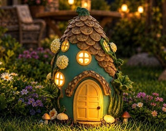 Lanterne solaire de jardin en forme de maison de fée - Décoration lumineuse pour chalet, ornement extérieur à énergie solaire, jardin féérique