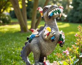 Statue de jardin dinosaure mangeur de nains - Décoration de jardin extérieure amusante en vue avant ou arrière
