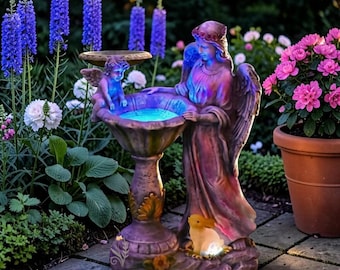 Décoration de jardin ange solaire - Statue unique avec bain d'oiseau, éclairage de jardin LED aux couleurs changeantes