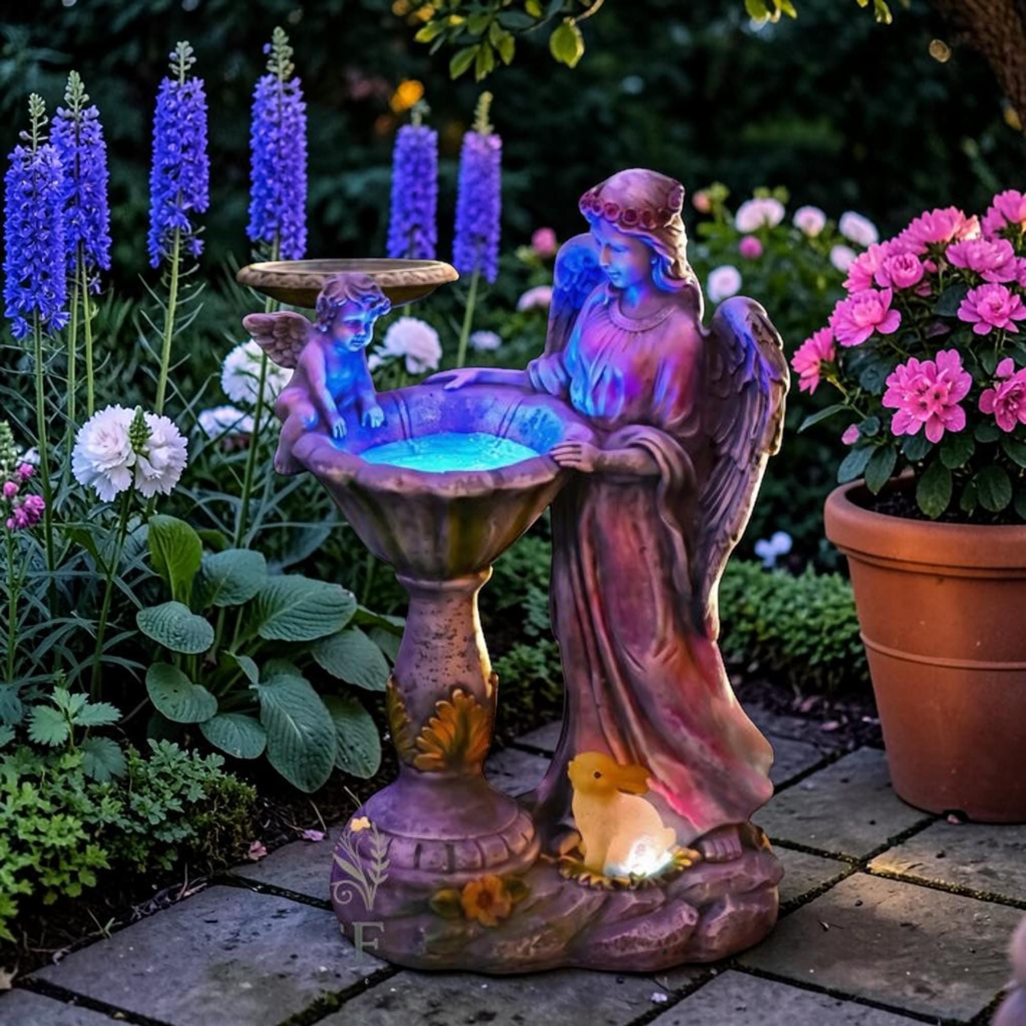 Solar Angel Garden Decor - Unique Statue With Bird Bath, Color Changing ...