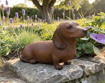 Statue de teckel pour jardin - Ornement en résine représentant un teckel, décoration de jardin, sculpture de chiot d'extérieur