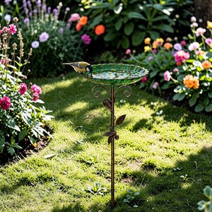 Puede incluir: Un bebedero para p&aacute;jaros de vidrio verde con un soporte de metal color bronce. El bebedero tiene un borde festoneado y est&aacute; lleno de agua. Un peque&ntilde;o p&aacute;jaro bebe del borde. El soporte presenta decoraciones de hojas y espirales.