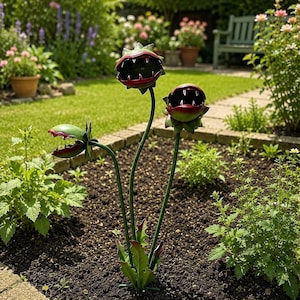 Può includere: Una scultura da giardino in metallo raffigurante tre piante carnivore stilizzate con foglie verdi e rosse. Ogni pianta presenta una bocca aperta con denti affilati e appuntiti, sostenuta da sottili steli verdi su una base di fogliame.