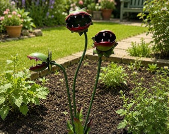 Piquet de jardin en forme de dionée attrape-mouche - Décoration en métal représentant une plante carnivore, art de jardin fantaisiste, décoration de jardin unique, élément décoratif pour jardinière d'extérieur