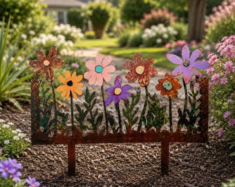 Bordure de jardin décorative en métal 2D avec piquets fleuris - Décoration florale en fer aux couleurs vives, style rustique pour clôture de jardin extérieur