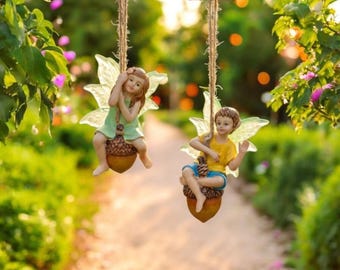 Conjunto de hadas con columpio de bellota - Figuritas de resina iluminadas con motivos del bosque, regalo único para decorar un jardín de hadas colgante.