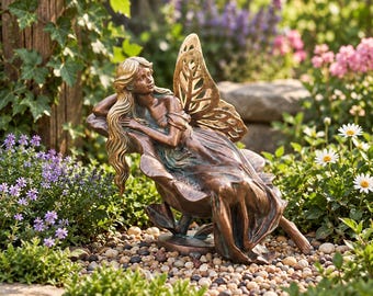 Figura de hada de bronce antiguo - Estatua de jardín de resina, elegante adorno para exteriores, regalo de decoración de hadas para el hogar y el césped