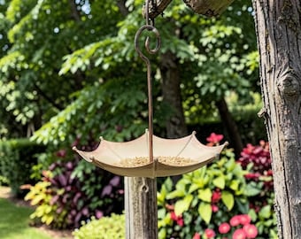 Mangeoire à oiseaux parapluie en métal fabriquée à la main, plateau de jardin suspendu vintage, décoration de jardin extérieur