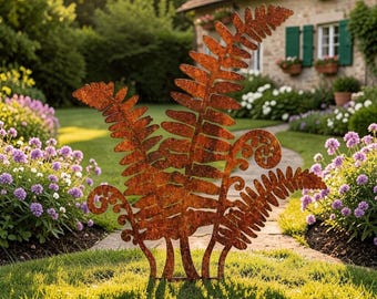 Piquet de jardin fougère rouillée 2D - Décoration de jardin en métal avec feuilles de fougère, tuteur rustique, ornement de jardin extérieur, style cottage