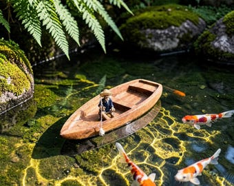 Décoration de jardin pour mini bateau de pêche en bois - Ornement unique fait main avec pièce d'eau zen pour étang