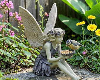 Statue fée ange de jardin assise - Mangeoire à oiseaux unique en cadeau de décoration de fée
