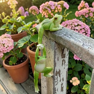 May include: Two green frog figurines, one perched on a weathered wooden railing and the other hanging below. The frogs have detailed features and are set against a backdrop of pink hydrangeas and potted plants, creating a whimsical garden scene.