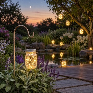 May include: A clear glass mason jar lantern with a silver metal lid and wire handle, containing warm white fairy lights. The lantern hangs from a curved metal shepherd hook stake positioned among green garden plants near a pond.