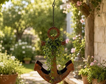 Jardinière suspendue en forme d'ancre en fer rouillé – Pot de fleurs mural style nautique, décoration de jardin rustique