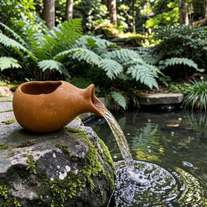 May include: A brown ceramic water fountain with a spout, pouring water into a pond. The fountain is set on a moss-covered rock. Ferns and trees are in the background, creating a natural, serene scene.