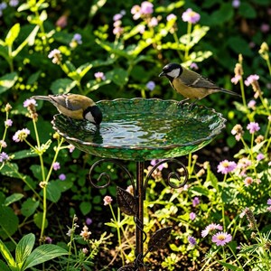 Puede incluir: Un abrevadero decorativo de vidrio verde con borde festoneado, sostenido por un soporte de hierro forjado con detalles de hojas. Dos p&aacute;jaros peque&ntilde;os est&aacute;n posados en el borde, bebiendo agua. El abrevadero est&aacute; rodeado de follaje verde y flores moradas.
